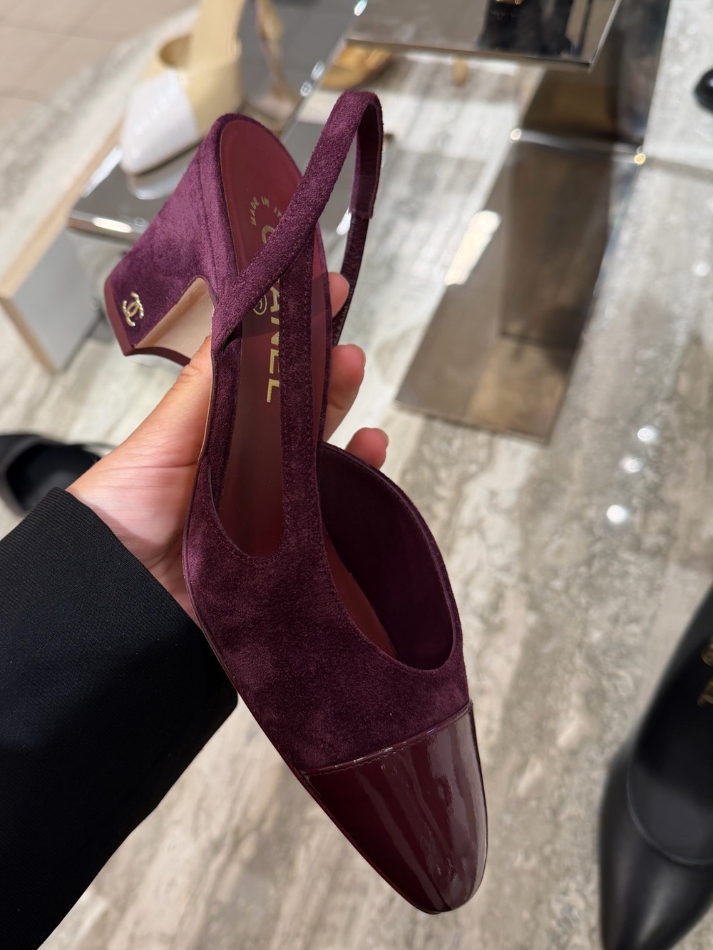 CHANEL Burgundy Suede and Burgundy Patent Slingback Pump AUTHENTIC
